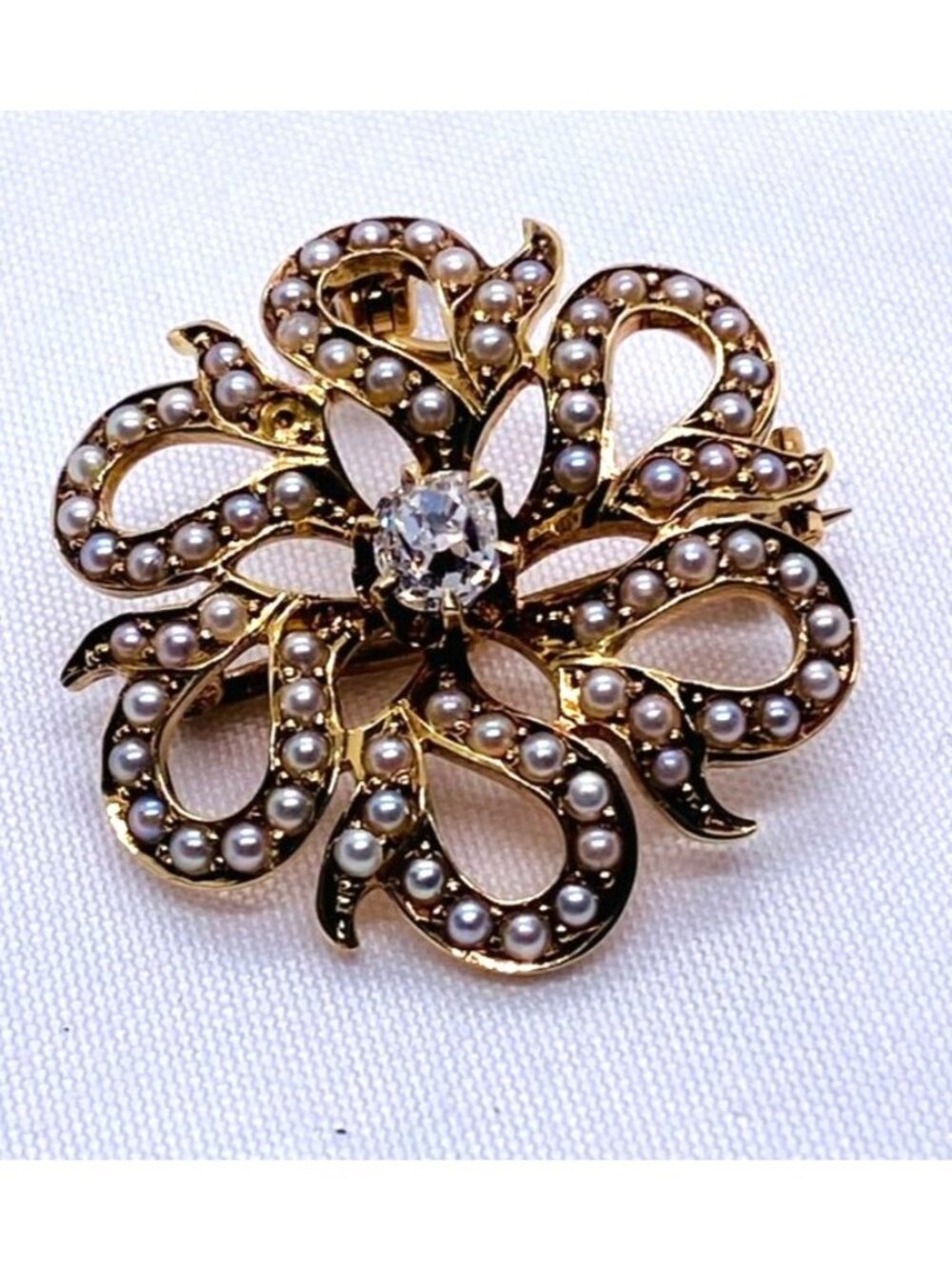 14K Yellow Gold Pearl and Diamond Brooch Pendant